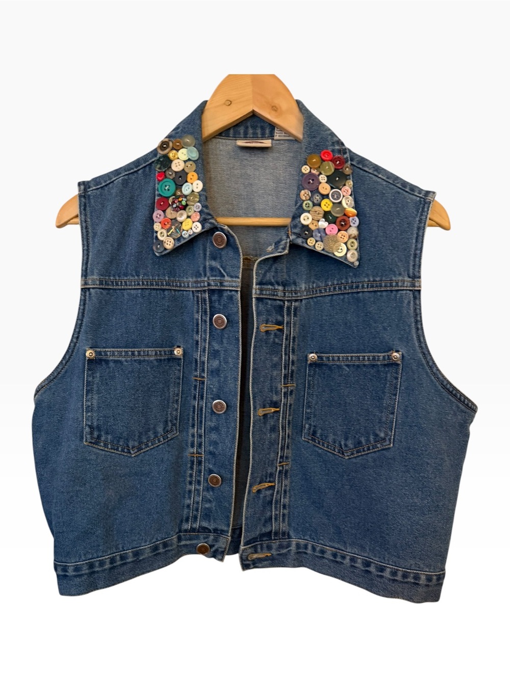 Denim Button-Up Vest with Embellished Multicolor Vintage Button Collar Y2K